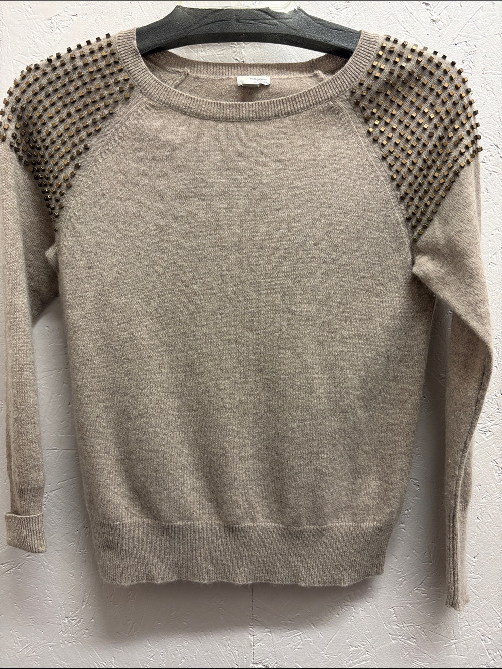 Halogen Cashmere Taupe Crewneck Sweater with Studded Shoulders